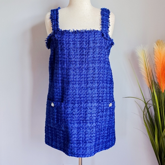 ZARA, New Blue Tweed Pinafore Preppy Jeweled Pocket Mini Dress Womens Size XL - Picture 2 of 13